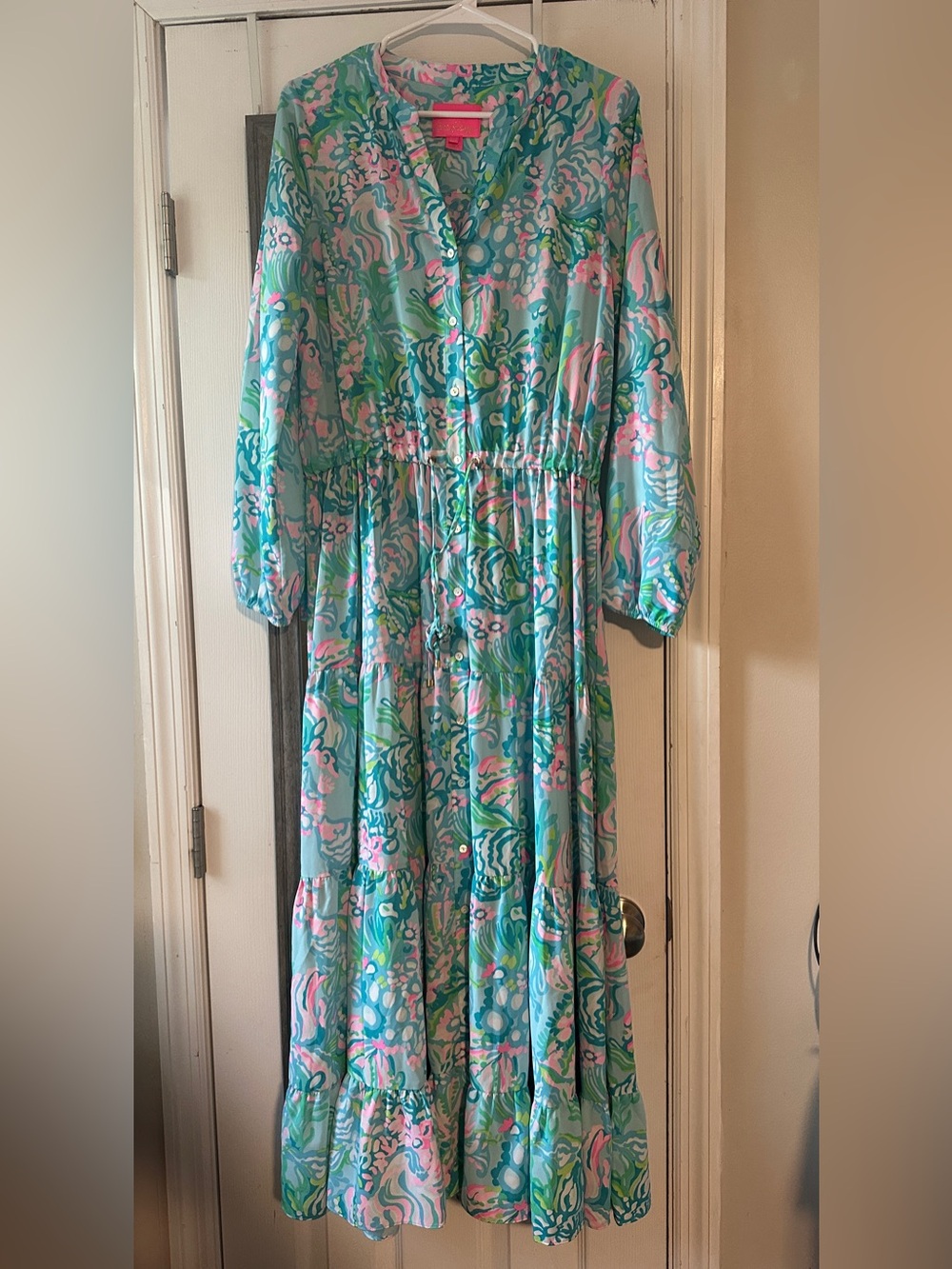 Lilly Pulitzer Cori Stretch Midi Shirtdress in “Ibiza Aqua La Vista”